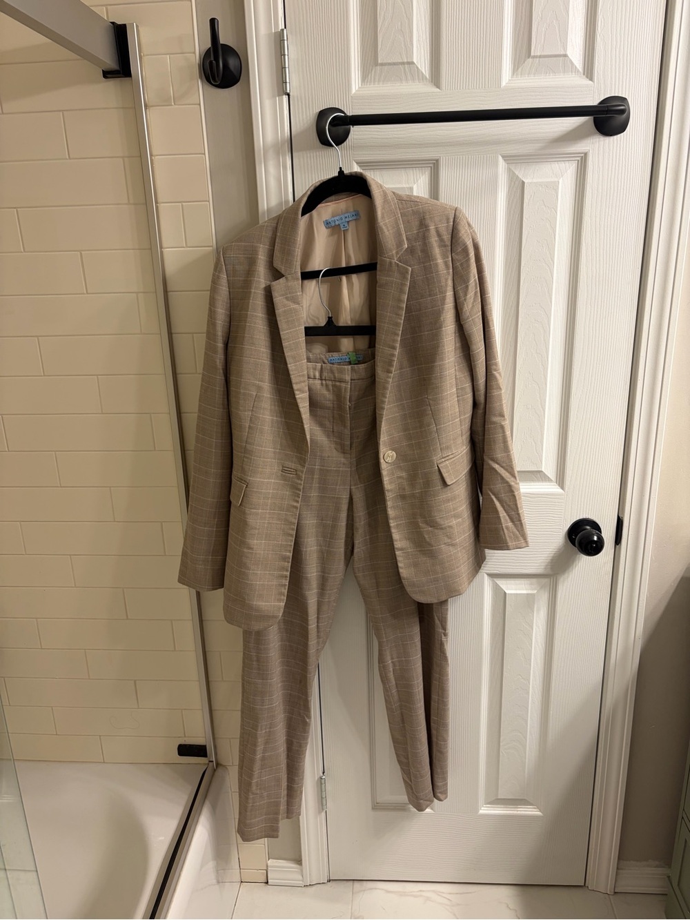 ANTONIO MELANI Tan Plaid Two-Piece Blazer & Trouser Set